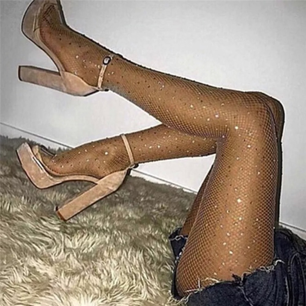 NWT Rhinestone Nude Tan Fishnets Tights Stocking Club Going Out Sexy Beige